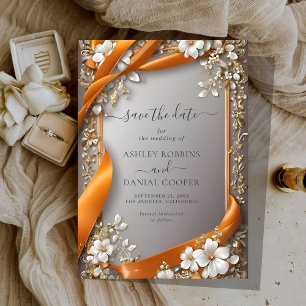 Invitación Cinta Naranja Beige Ornate floral Guardar fecha