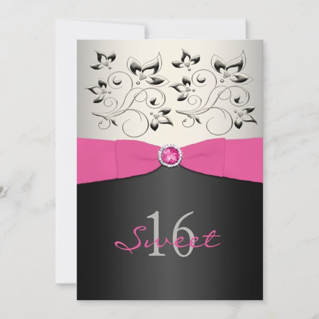 Invitación Cinta prensada color negro rosado dulce 16 invitac (Anverso)
