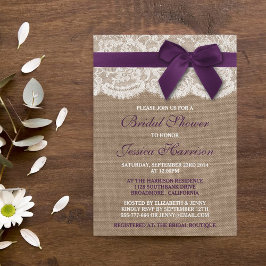 Invitación Cinta Púrpura En La Ducha De Brigada Burlap Y Lace