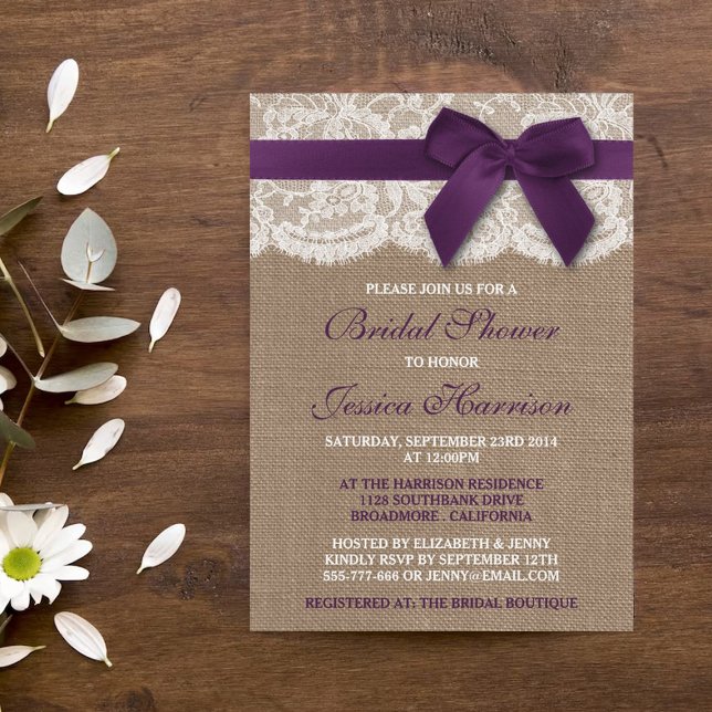 Invitación Cinta Púrpura En La Ducha De Brigada Burlap Y Lace (Subido por el creador)