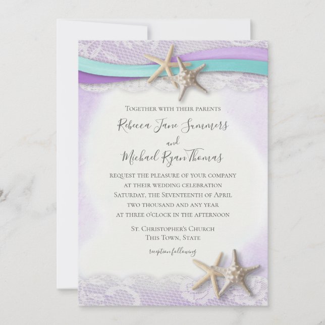 Invitación Cinta púrpura y Boda de acuarela estelar (Anverso)