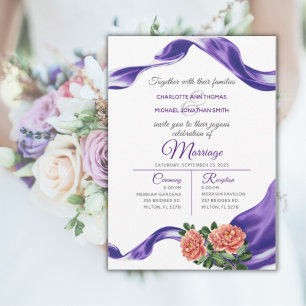 Invitación Cinta real púrpura y boda floral