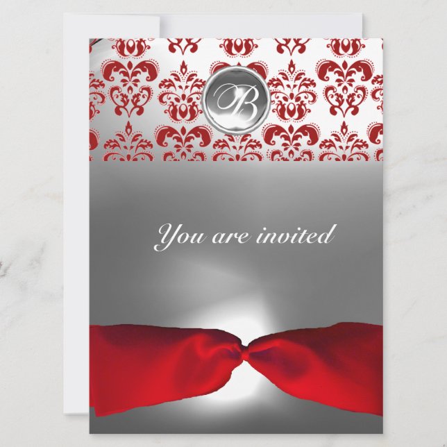 INVITACIÓN CINTA ROJA BLANCA DAMASCO PIEDRA PRECIOSA MONOGRAM (Anverso)