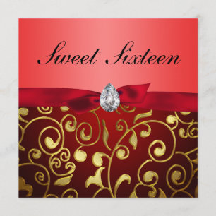 Invitación Cinta Roja Cute Oro Patrón Floral Dulce Dieciséis