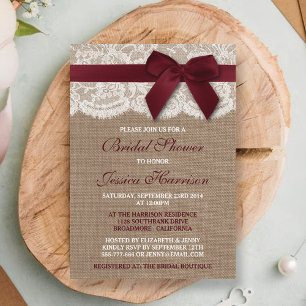 Invitación Cinta Roja En La Ducha De Brigada De Burlap Y Lace