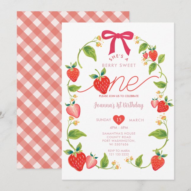 Invitación Cinta Roja Fresa Dulce Cumpleaños Uno  (Anverso / Reverso)