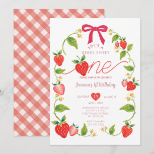 Invitación Cinta Roja Fresa Dulce Cumpleaños Uno