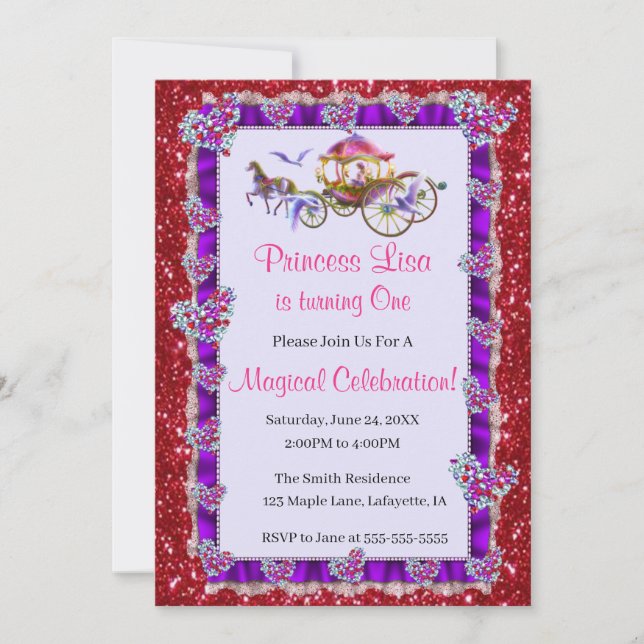 Invitación Cinta roja morada Purpurina real cumpleaños de la  (Anverso)