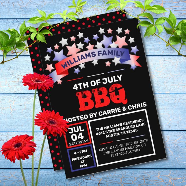 Invitación Cinta roja y azul y estrellas 4 de julio (RED, WHITE, & BLUE 4TH OF JULY BBQ INVITATION)