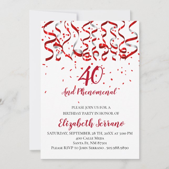Invitación Cinta Roja y Confetti 40 Fiesta de cumpleaños (Anverso)