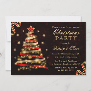 Invitación Cinta roja y dorada brillante árbol de Navidad fie