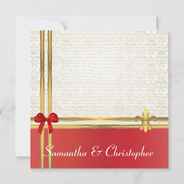 Invitación Cinta roja y dorada con damasco blanco (Anverso)