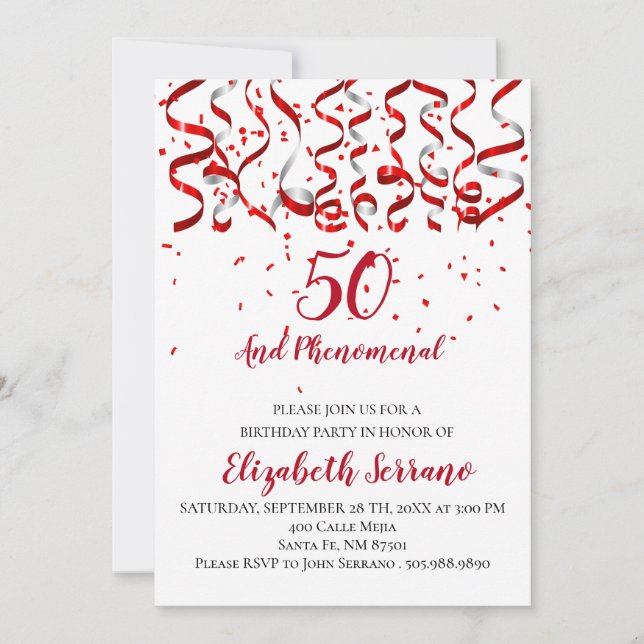 Invitación Cinta roja y plateada y Confetti rojo 50 cumpleaño (Anverso)