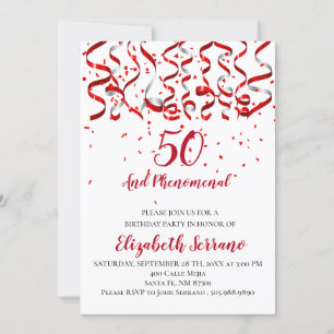 Invitación Cinta roja y plateada y Confetti rojo 50 cumpleaño