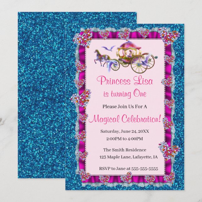 Invitación Cinta rosa Azul Purpurina Princesa Real Cumpleaños (Anverso / Reverso)