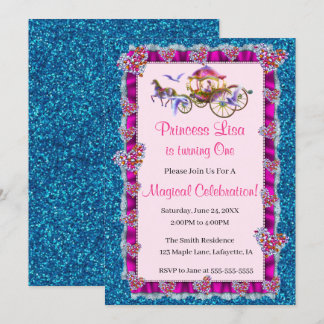 Invitación Cinta rosa Azul Purpurina Princesa Real Cumpleaños