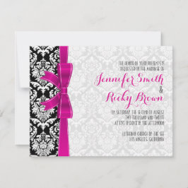 Invitación Cinta rosa caliente Boda de damascos blancos y neg