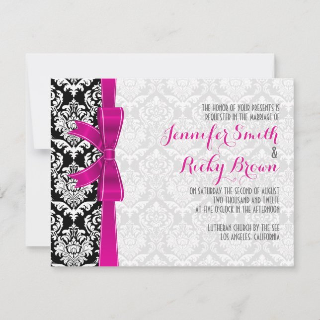 Invitación Cinta rosa caliente Boda de damascos blancos y neg (Anverso)