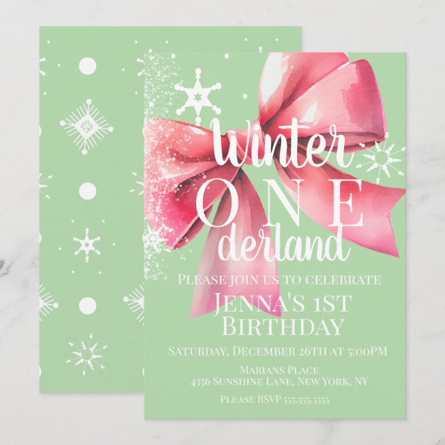 Invitación Cinta Rosa Copo de Nieve Guión Cumpleaños Primero (Anverso / Reverso)