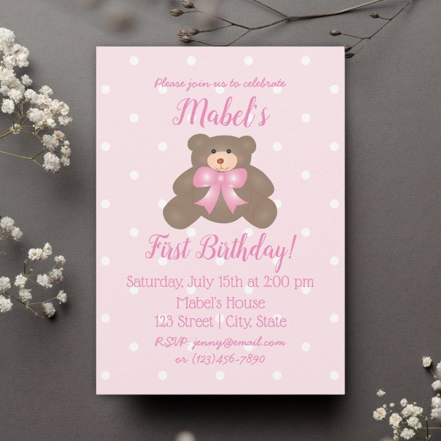 Invitación Cinta Rosa Cute Bebé Teddy Bear Primer Cumpleaños (Subido por el creador)