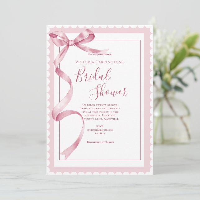 Invitación Cinta rosa elegante ducha de novia (Anverso de pie)