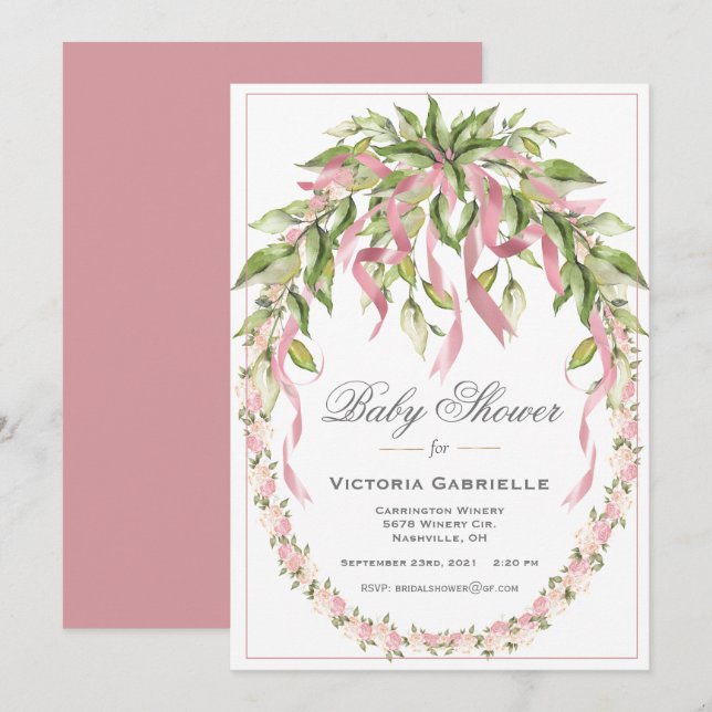 Invitación Cinta Rosa Floral Wreath Elegante Baby Shower Inv (Anverso / Reverso)