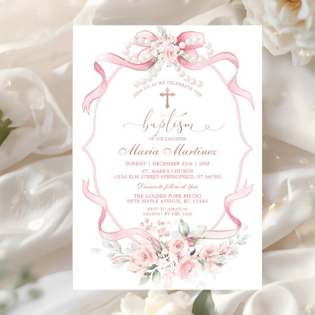 Invitación Cinta Rosa Flores Perla Bautizo (Subido por el creador)