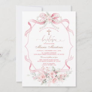 Invitación Cinta Rosa Flores Perla Bautizo