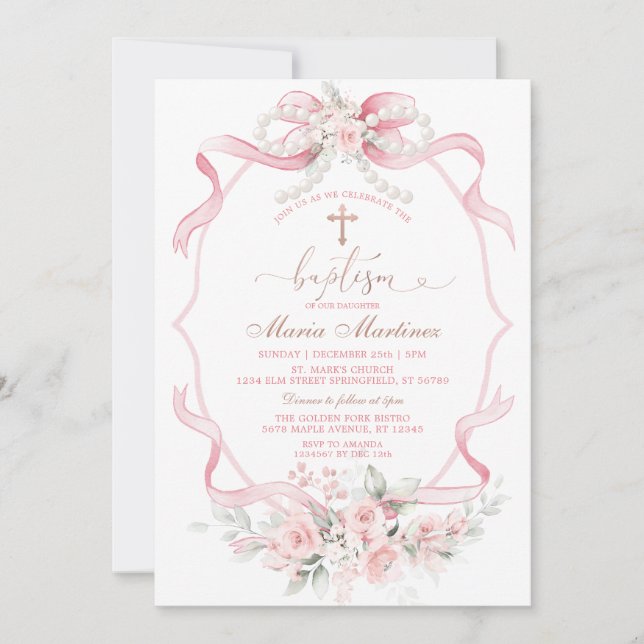 Invitación Cinta Rosa Flores Perla Bautizo (Anverso)