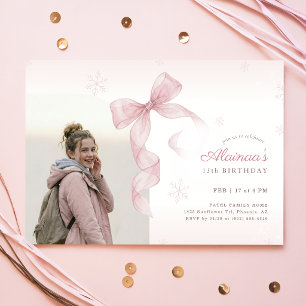 Invitación Cinta Rosa Sonrojada Foto de Chica de Invierno Cum