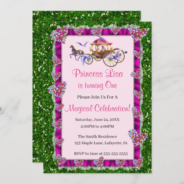 Invitación Cinta rosa Verde Purpurina Real Princesa Cumpleaño (Anverso / Reverso)