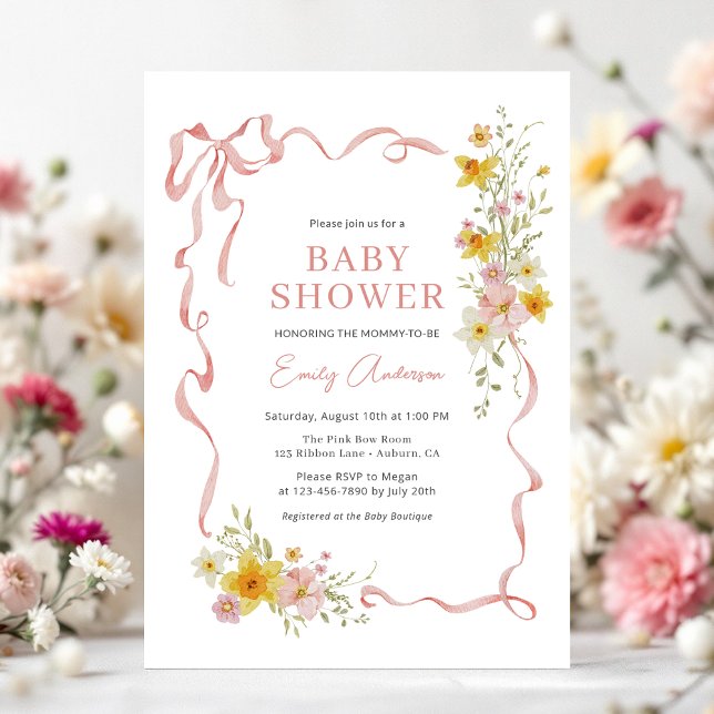 Invitación Cinta rosa Wildflower Coquette Bow Baby Shower (Subido por el creador)