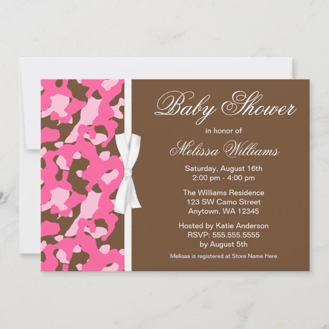 Invitación Cinta rosada femenina Baby Shower de Brown Camo (Anverso)