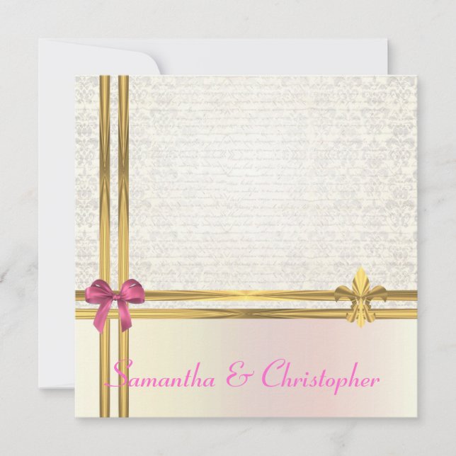 Invitación Cinta rosada y dorada pasteles con damasco blanco (Anverso)