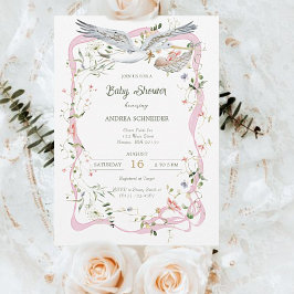 Invitación Cinta Stork Wildflower y Baby Shower Bow