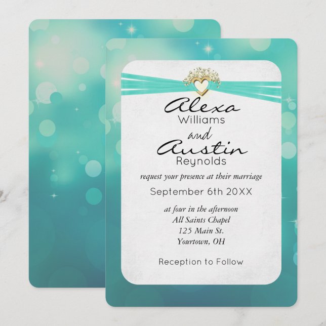Invitación Cinta turquesa en Boda de corazón dorado (Anverso / Reverso)