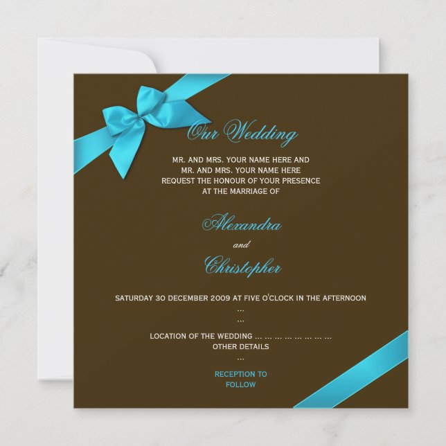 Invitación Cinta turquesa en Boda marrón chocolate (Anverso)