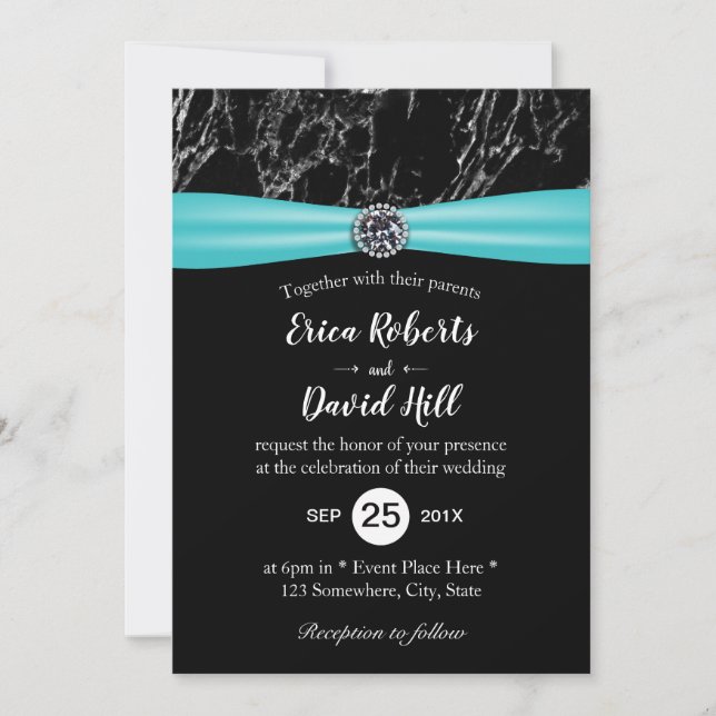 Invitación Cinta turquesa moderna Boda de mármol negro (Anverso)