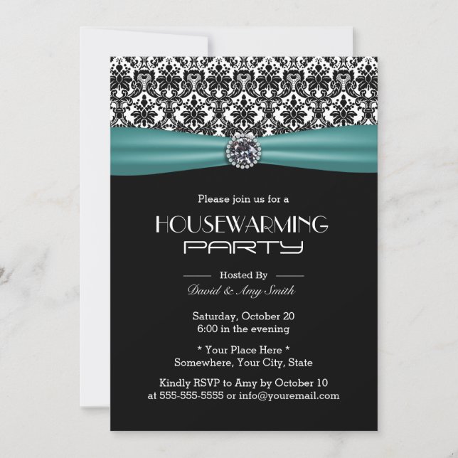 Invitación Cinta verde azulada elegante Damask Fiesta de cale (Anverso)