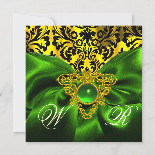 INVITACIÓN CINTA VERDE CORAZÓN CELTA DE ORO MONOGRAMA DAMASCO (Anverso)