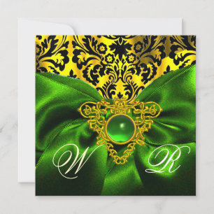 INVITACIÓN CINTA VERDE CORAZÓN CELTA DE ORO MONOGRAMA DAMASCO