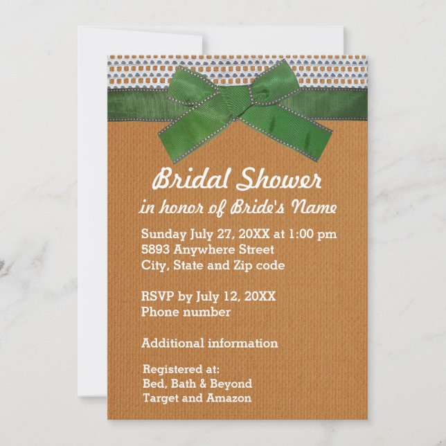 Invitación Cinta Verde, Lace, Tan Burlap Bridal Shower Inv (Anverso)