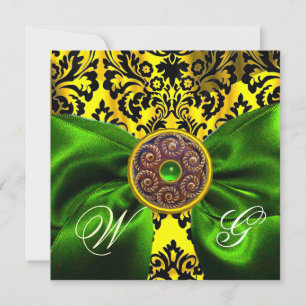 INVITACIÓN CINTA VERDE MONOGRAMA DE DAMASCO AMARILLO ORO N