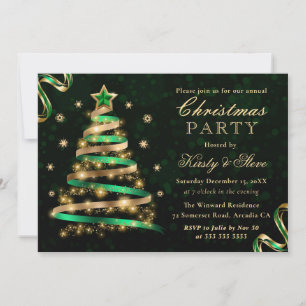 Invitación Cinta Verde y Dorada Brillante Árbol de Navidad Fi