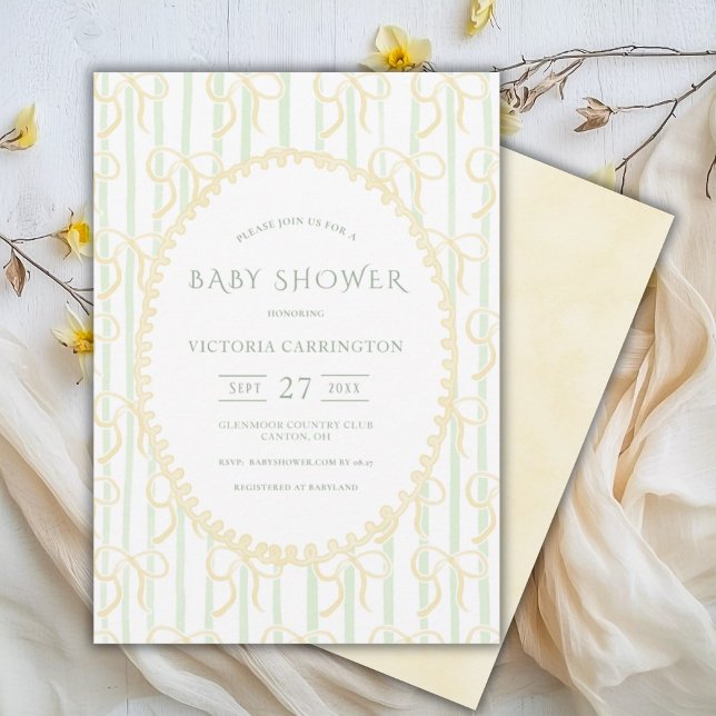 Invitación Cintas amarillas y rayas Baby Shower vintage (Subido por el creador)