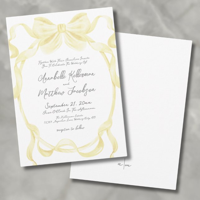 Invitación Cintas de lazo amarillas elegantes Bodas caprichos (Elegant Yellow Bow Ribbons Whimsical Wedding Invitation)