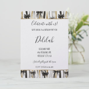Invitación Cintas y lazos glam negros plata y oro Cumpleaños