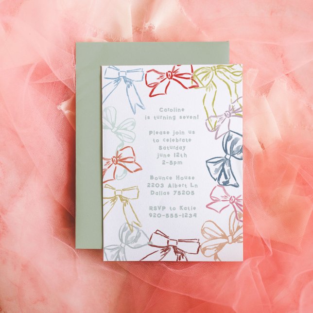 Invitación Cintas y vacas acuarelas Chicas Fiesta de cumpleañ (Ribbons and Bows watercolor girls birthday party invitation.)