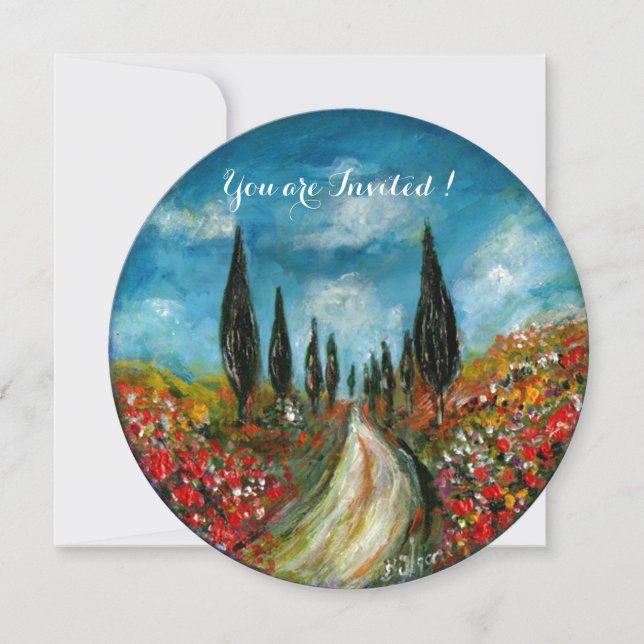 Invitación CIPRES Y AMAPOLAS EN TOSCANA, rojo azul (Anverso)