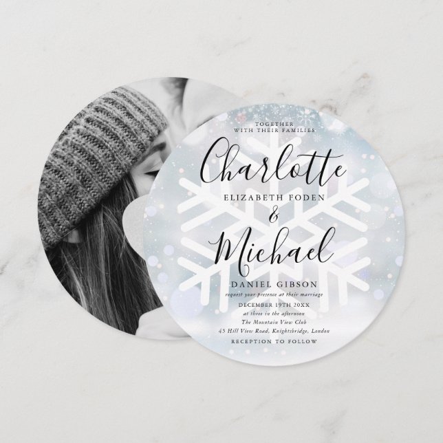 Invitación Circular de Boda con Copos de Nieve de  (Anverso / Reverso)